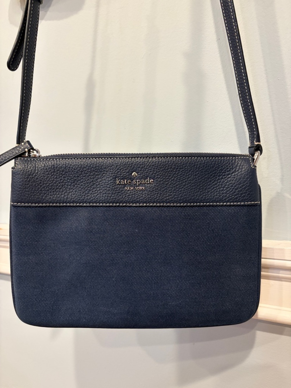 Kate Spade New York Jackson Denim Triple Gusset Navy Crossbody Bag - Picture 2 of 9